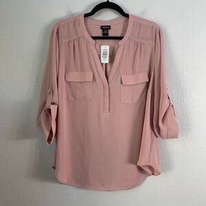 NEW TORRID PLUS 1X PINK GEORGETTE POCKET PULLOVER BLOUSE ROLL TAB SLEEVE SHIRT